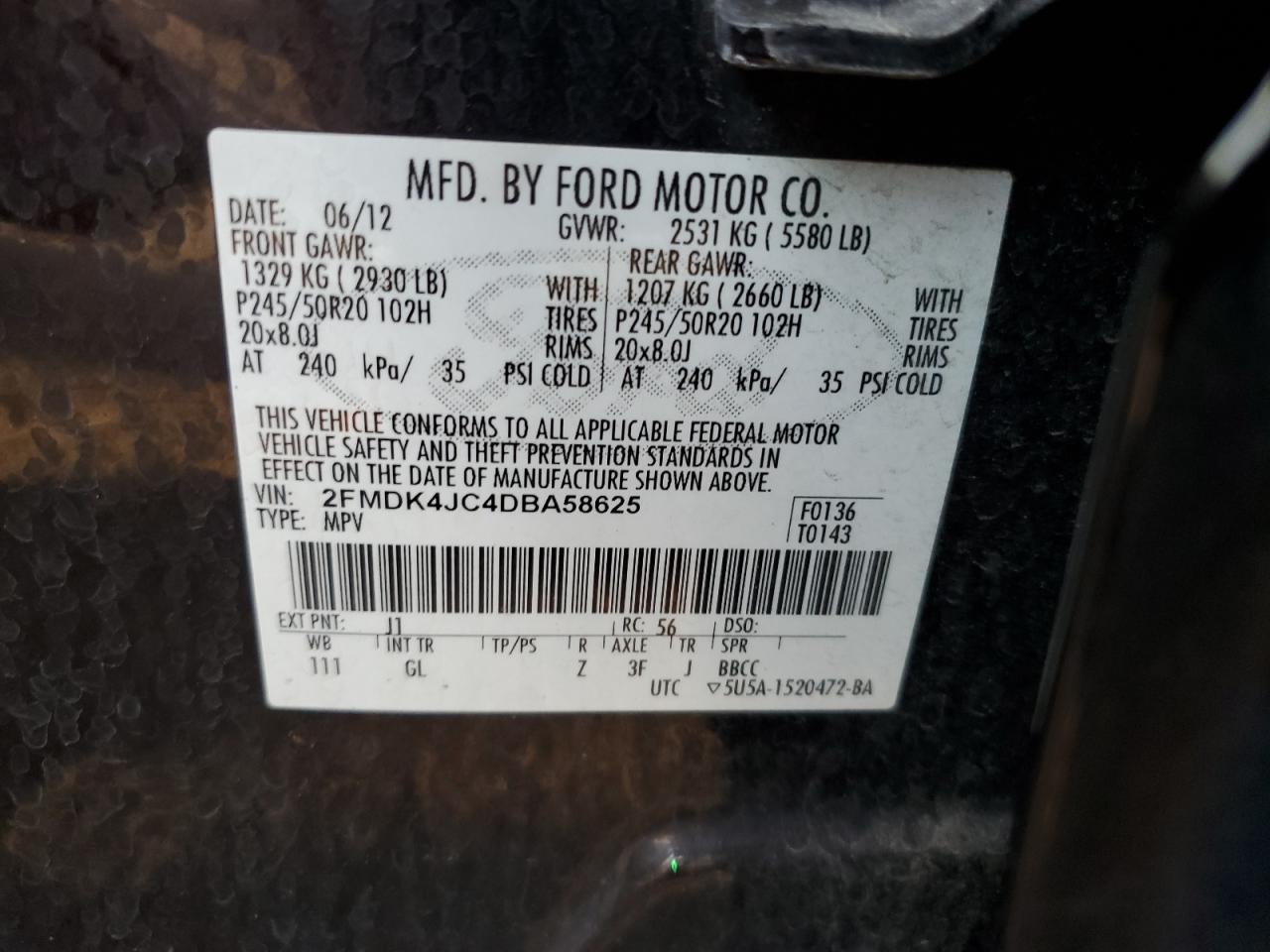 2013 Ford Edge Sel VIN: 2FMDK4JC4DBA58625 Lot: 81047955