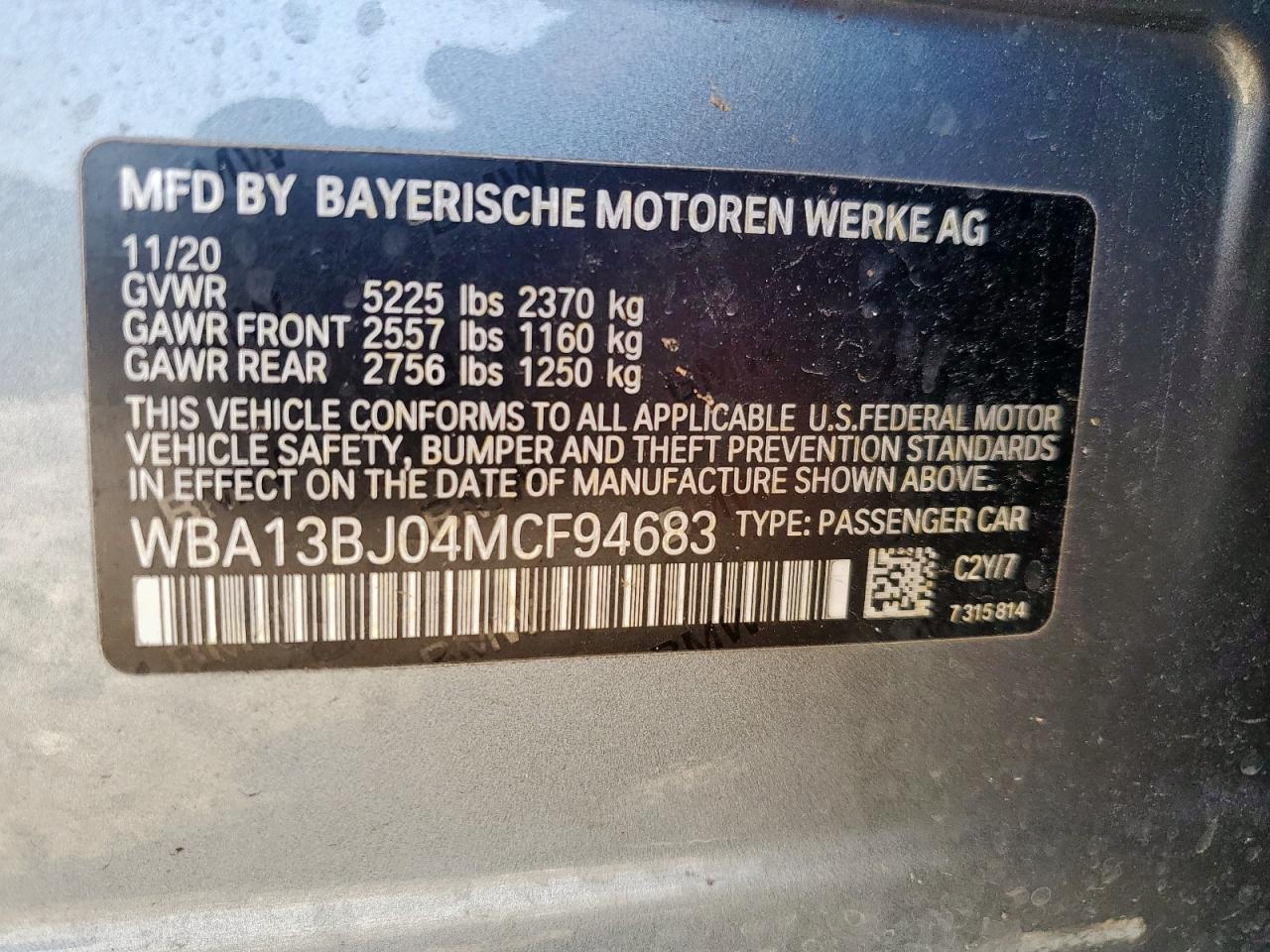 2021 BMW 530 Xi VIN: WBA13BJ04MCF94683 Lot: 80035325