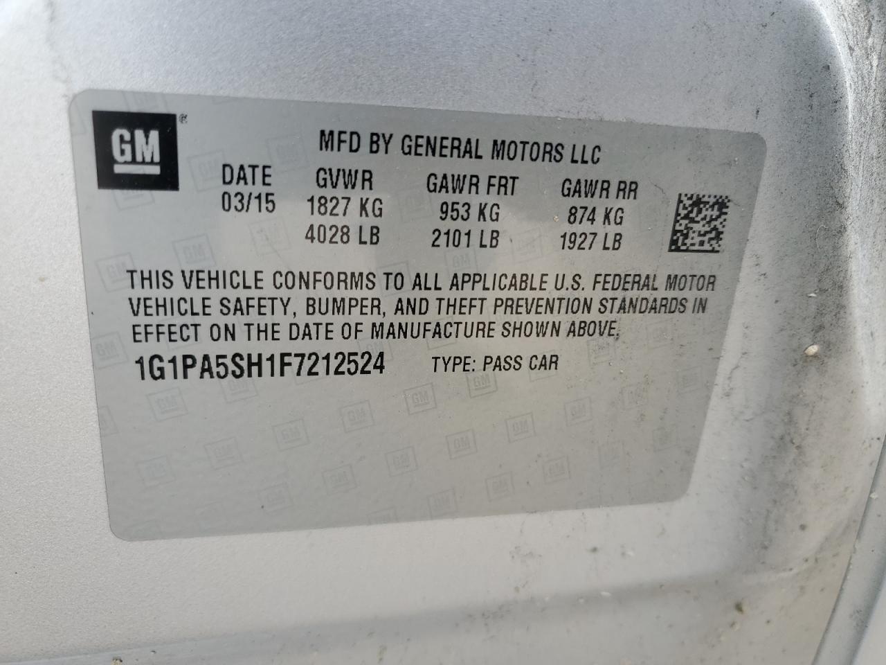 2015 Chevrolet Cruze Ls VIN: 1G1PA5SH1F7212524 Lot: 81826355