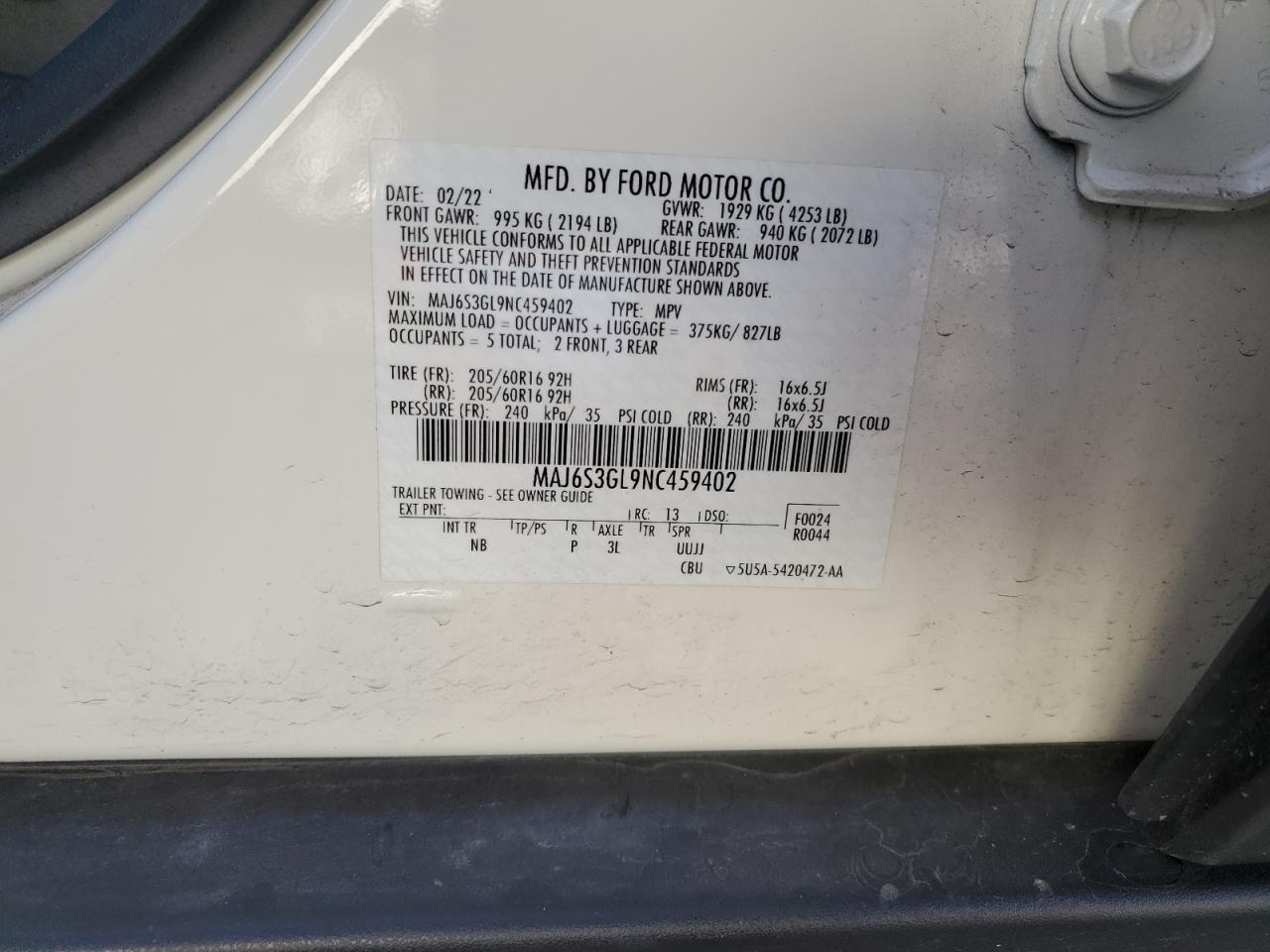 2022 Ford Ecosport Se VIN: MAJ6S3GL9NC459402 Lot: 84458295