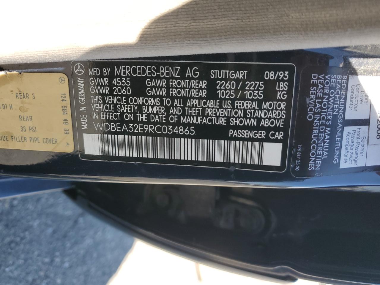 1994 Mercedes-Benz E 320 VIN: WDBEA32E9RC034865 Lot: 80924675