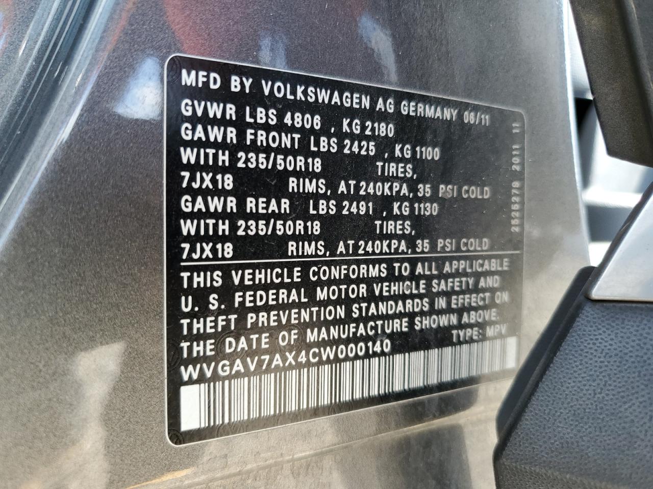 2012 Volkswagen Tiguan S VIN: WVGAV7AX4CW000140 Lot: 80901355