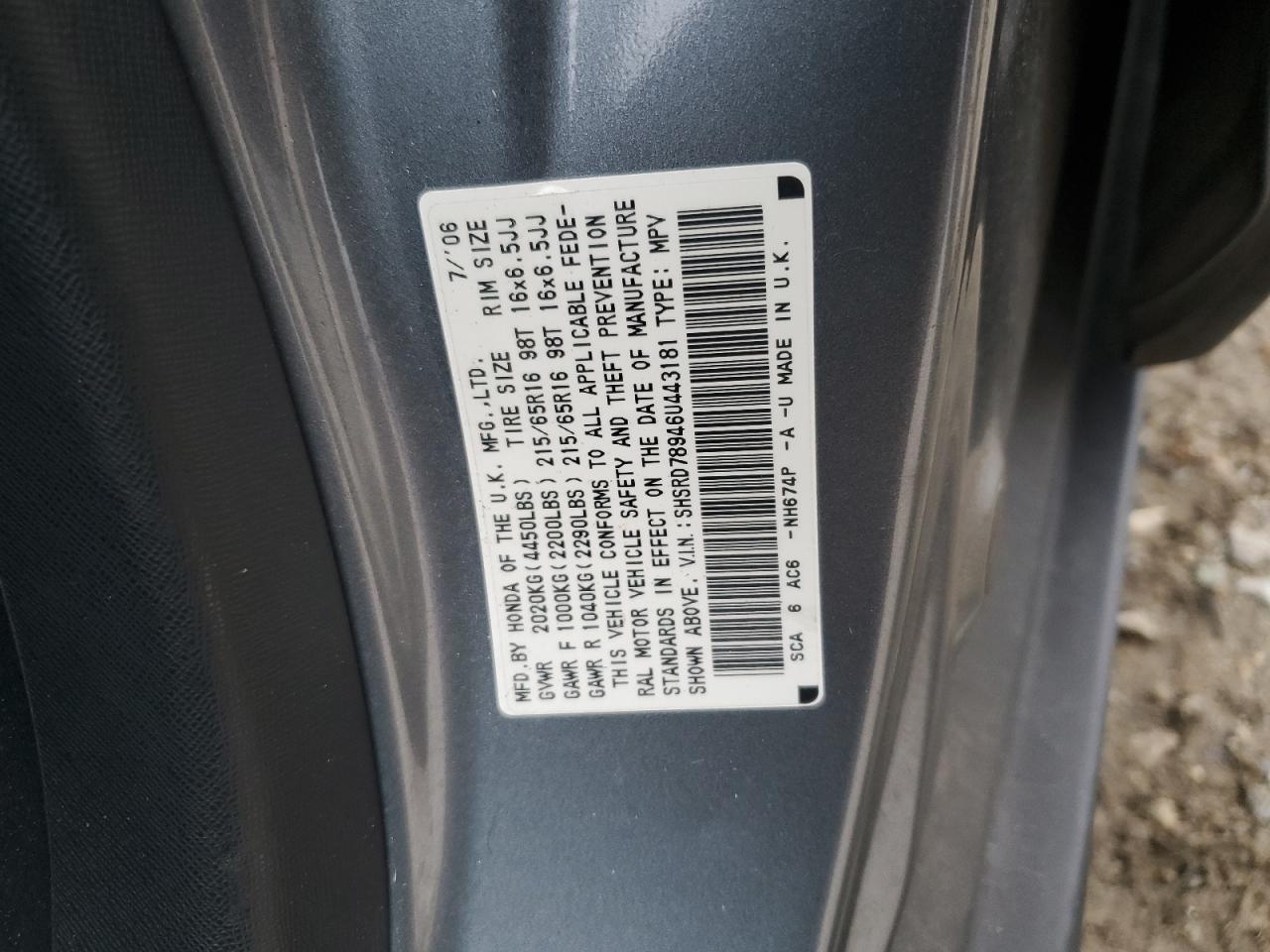 2006 Honda Cr-V Se VIN: SHSRD78946U443181 Lot: 84577845