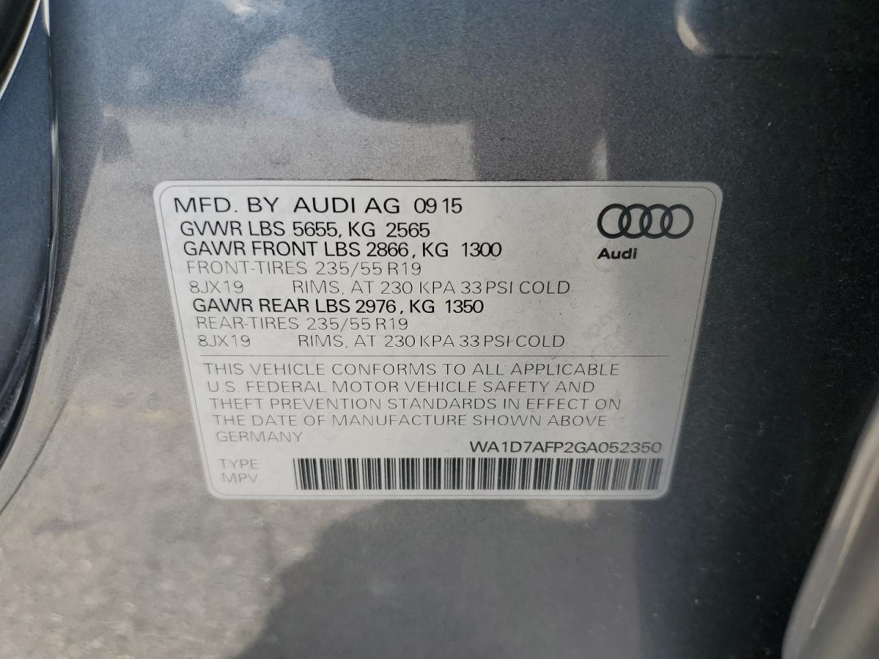 2016 Audi Q5 Premium Plus S-Line VIN: WA1D7AFP2GA052350 Lot: 84235185