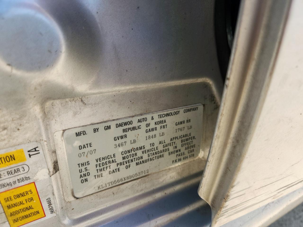 2008 Chevrolet Aveo Base VIN: KL1TD566X8B053712 Lot: 71670185