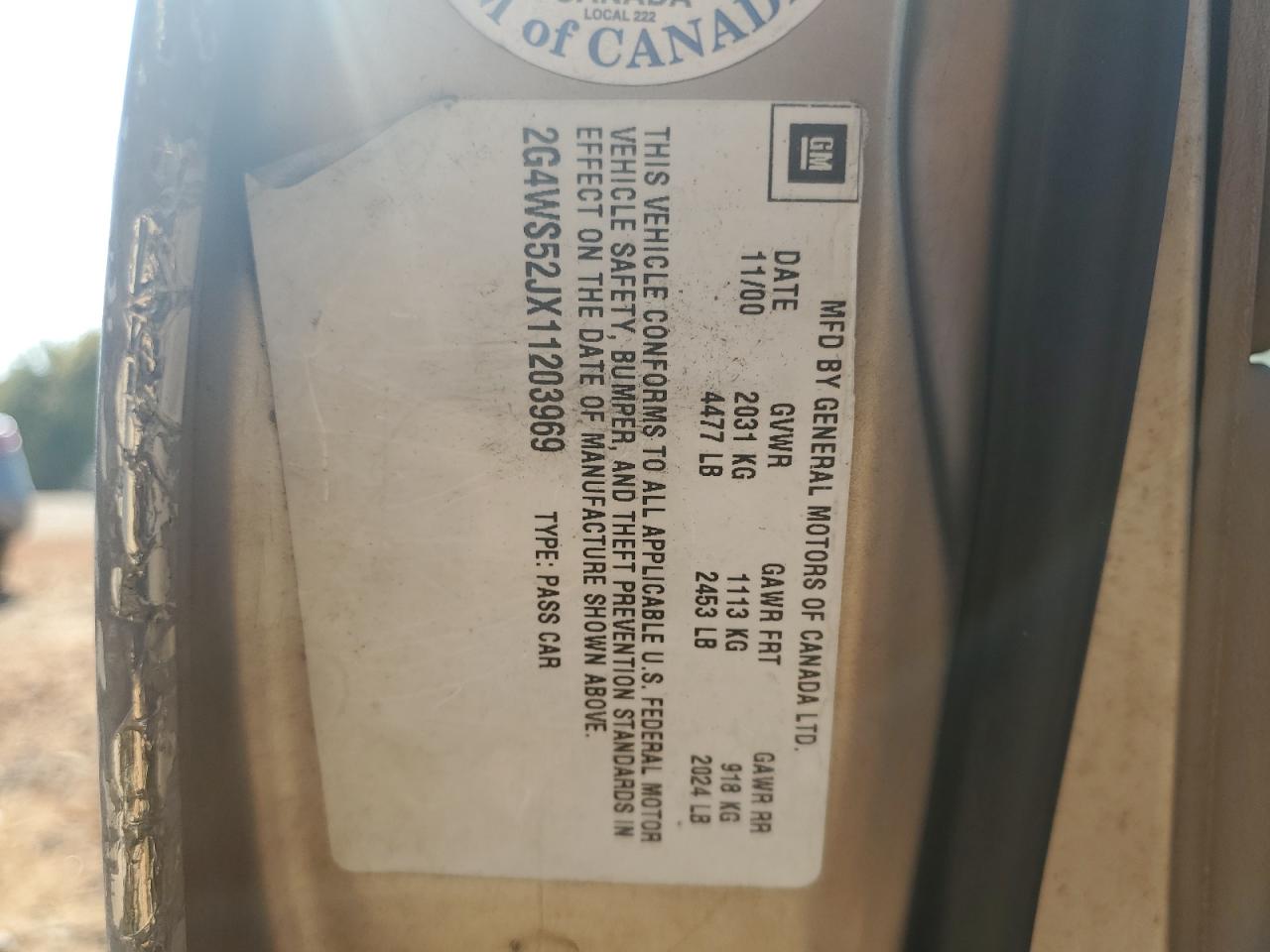 2001 Buick Century Custom VIN: 2G4WS52JX11203969 Lot: 81467995