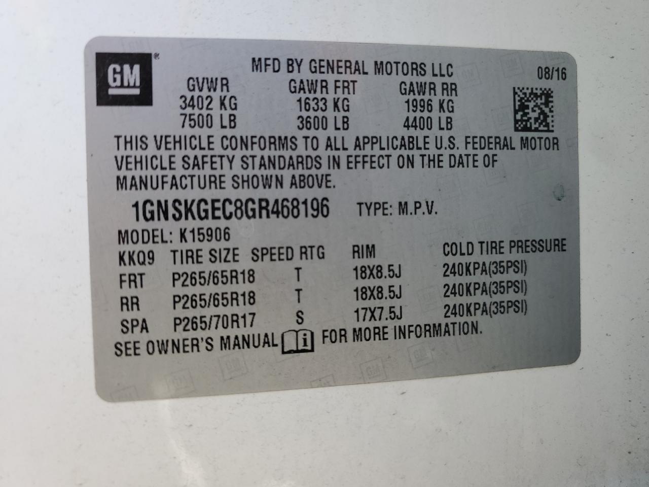 2016 Chevrolet Suburban K1500 Ls VIN: 1GNSKGEC8GR468196 Lot: 81791435