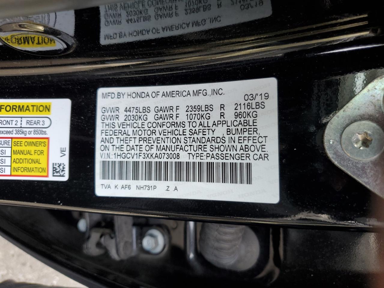 2022 Honda Accord Sport VIN: 1HGCV1F3XKA073008 Lot: 84619705