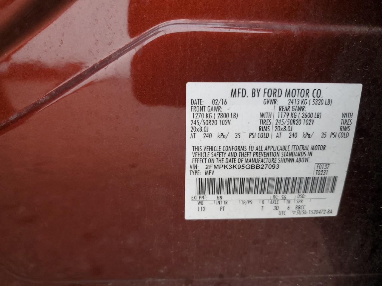 2016 Ford Edge Titanium VIN: 2FMPK3K95GBB27093 Lot: 81631505