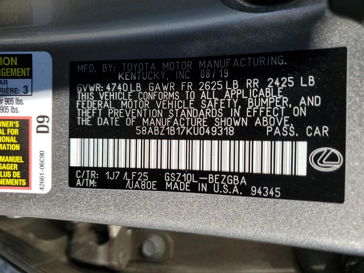 2019 Lexus Es 350 VIN: 58ABZ1B17KU049318 Lot: 84581355