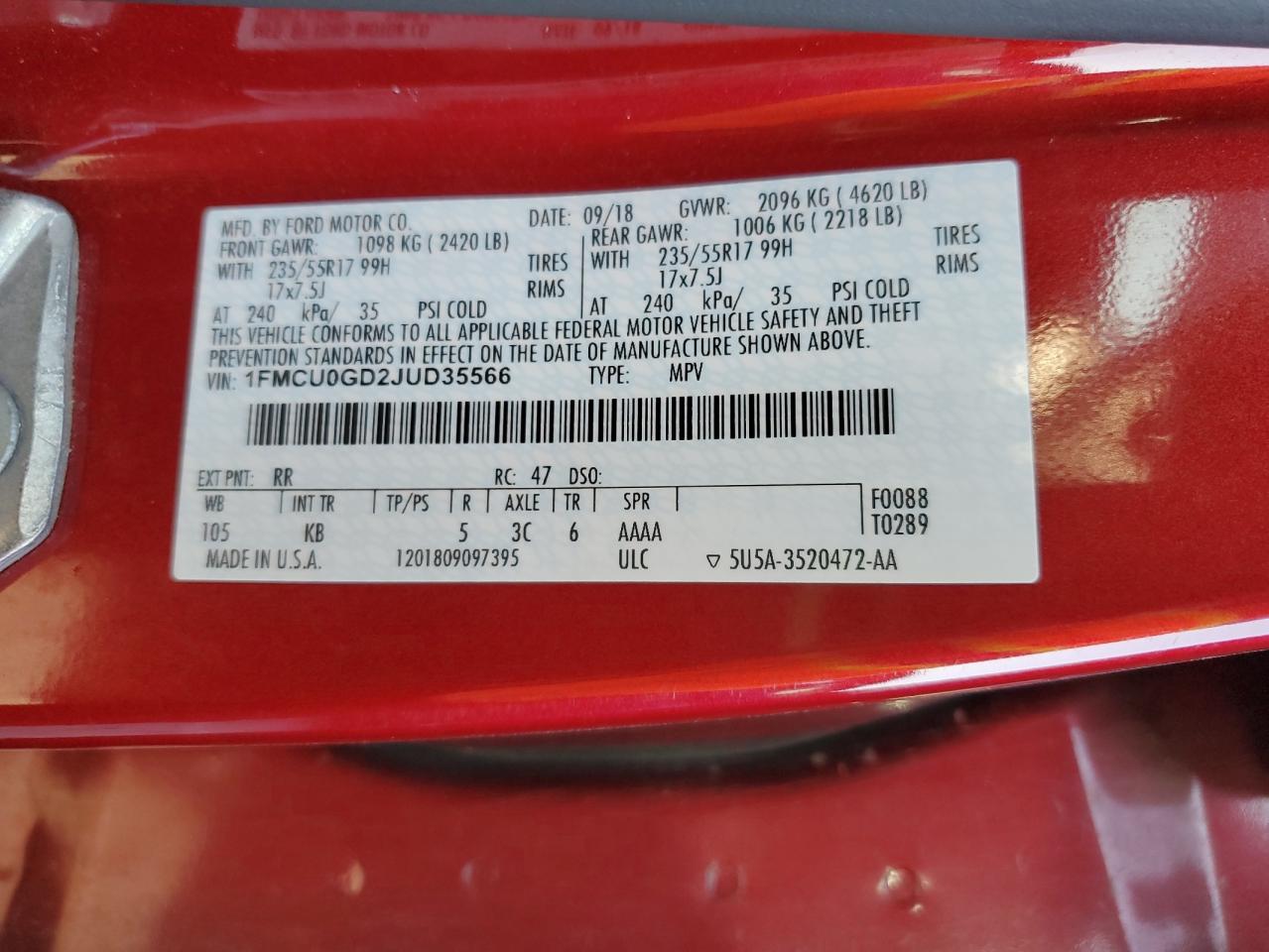 2018 Ford Escape Se VIN: 1FMCU0GD2JUD35566 Lot: 84597065