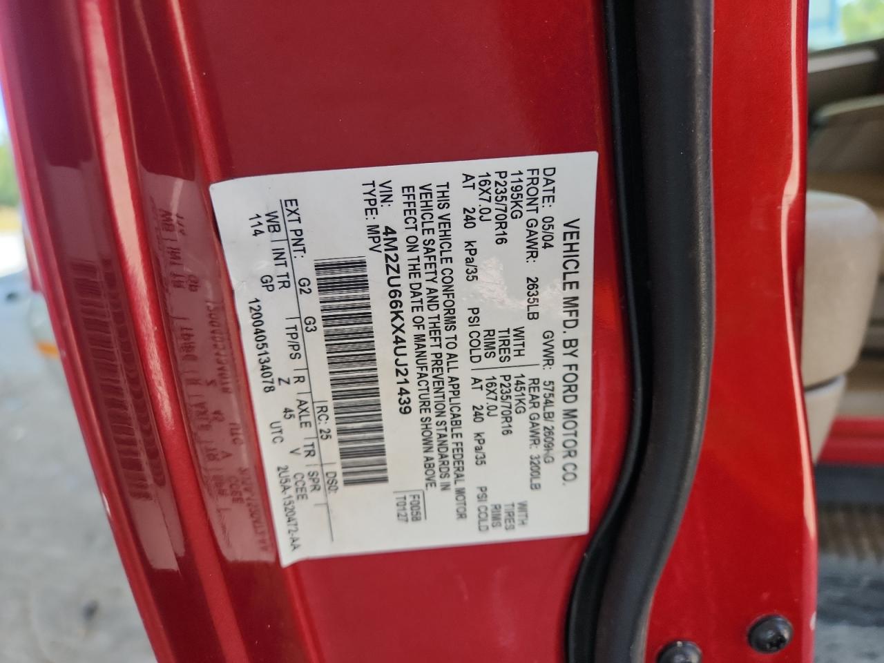 2004 Mercury Mountaineer VIN: 4M2ZU66KX4UJ21439 Lot: 80073645