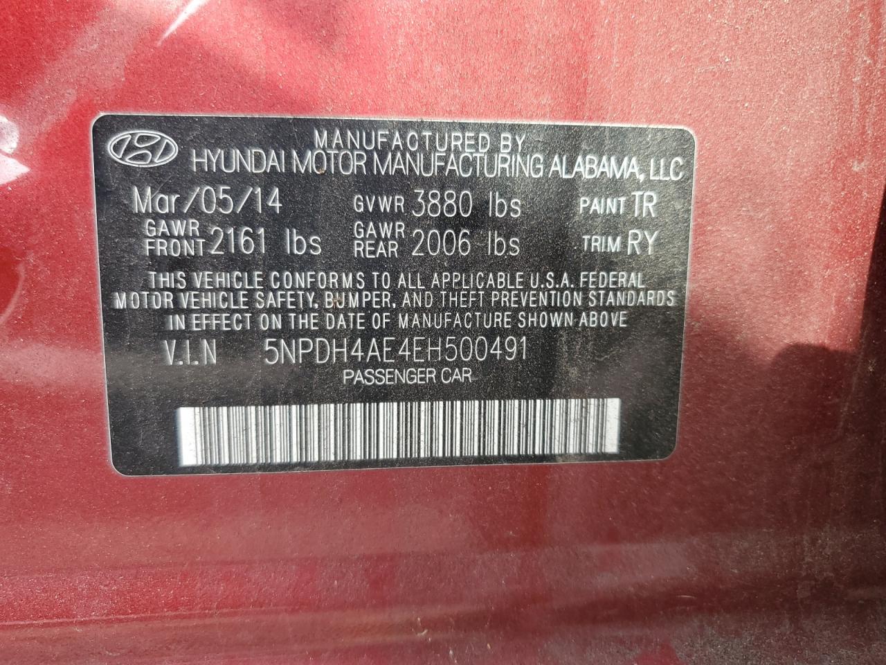 2014 Hyundai Elantra Se VIN: 5NPDH4AE4EH500491 Lot: 81449905