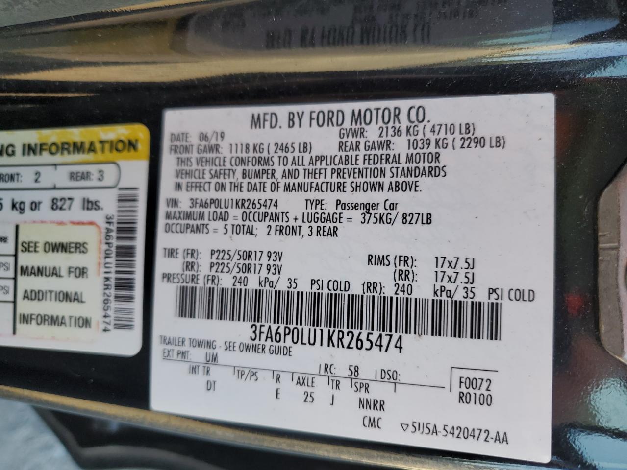 2019 Ford Fusion Se VIN: 3FA6P0LU1KR265474 Lot: 80584205