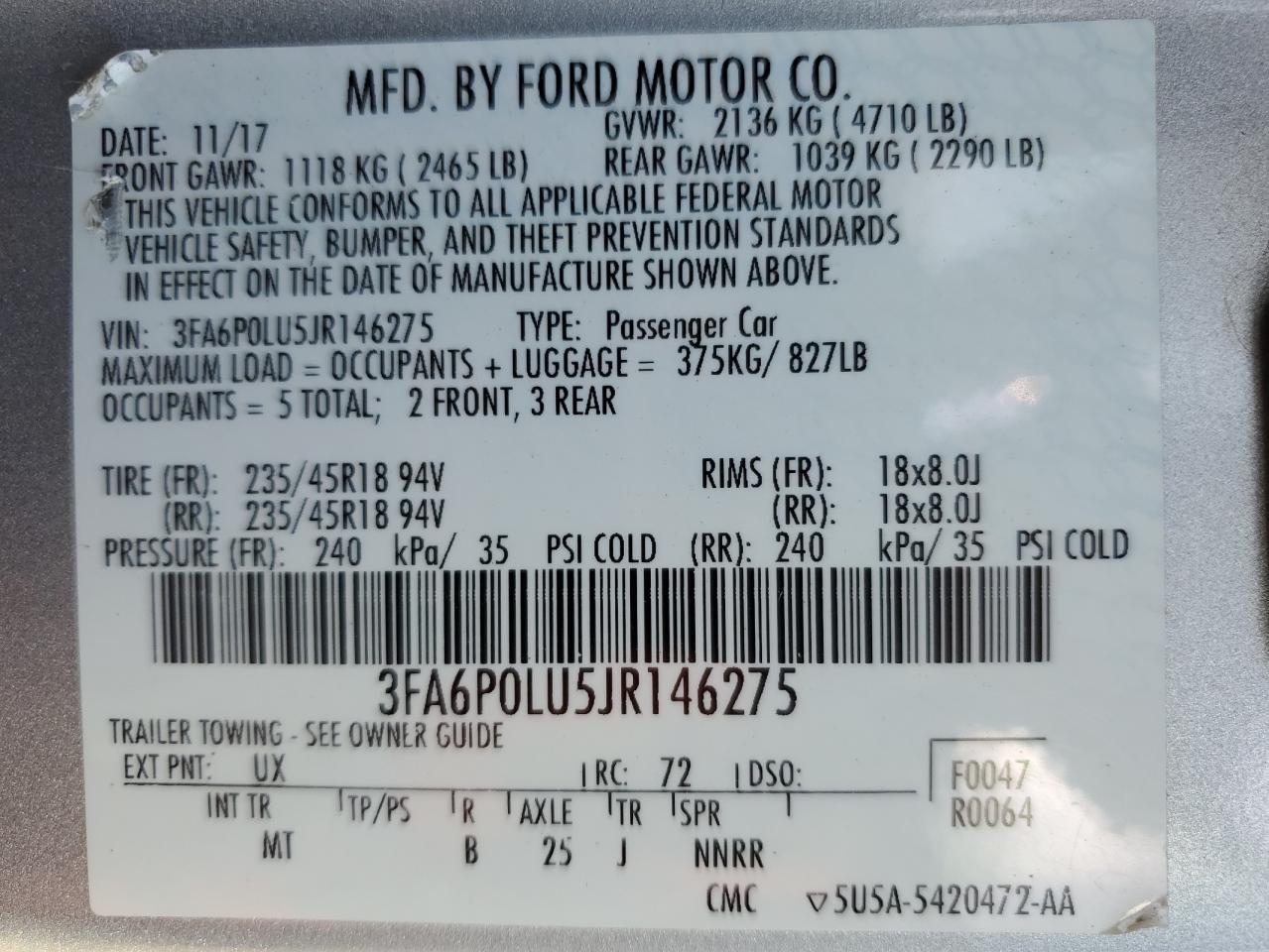 2018 Ford Fusion Se Hybrid VIN: 3FA6P0LU5JR146275 Lot: 83759025