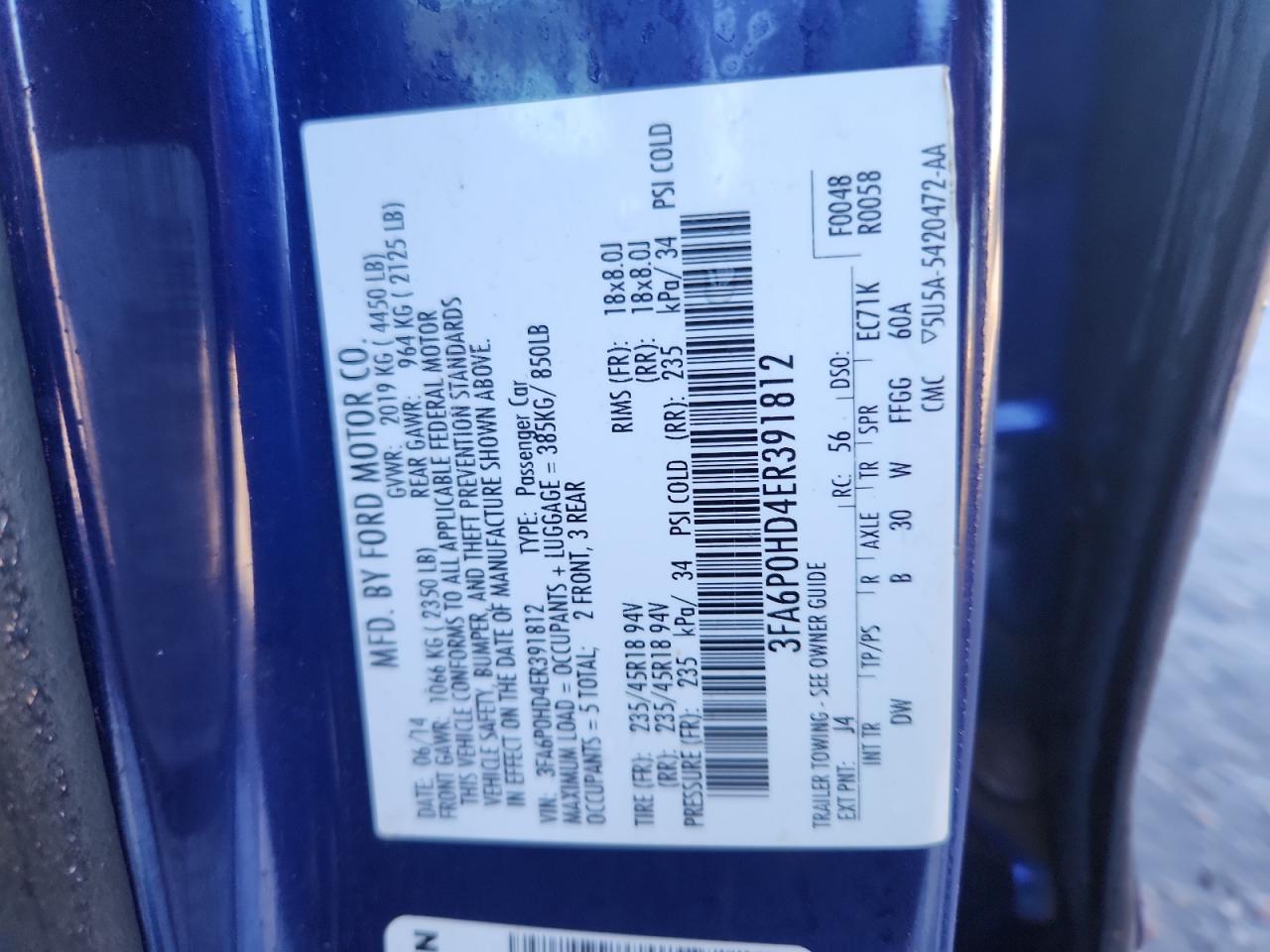 2014 Ford Fusion Se VIN: 3FA6P0HD4ER391812 Lot: 82127475