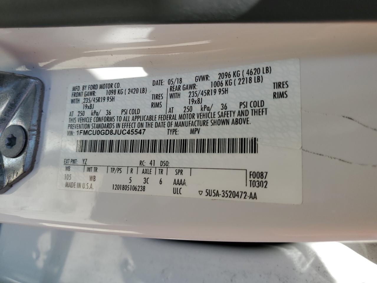 2018 Ford Escape Se VIN: 1FMCU0GD8JUC45547 Lot: 71538175