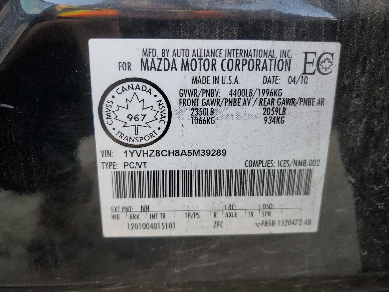 2010 Mazda 6 I VIN: 1YVHZ8CH8A5M39289 Lot: 70696975