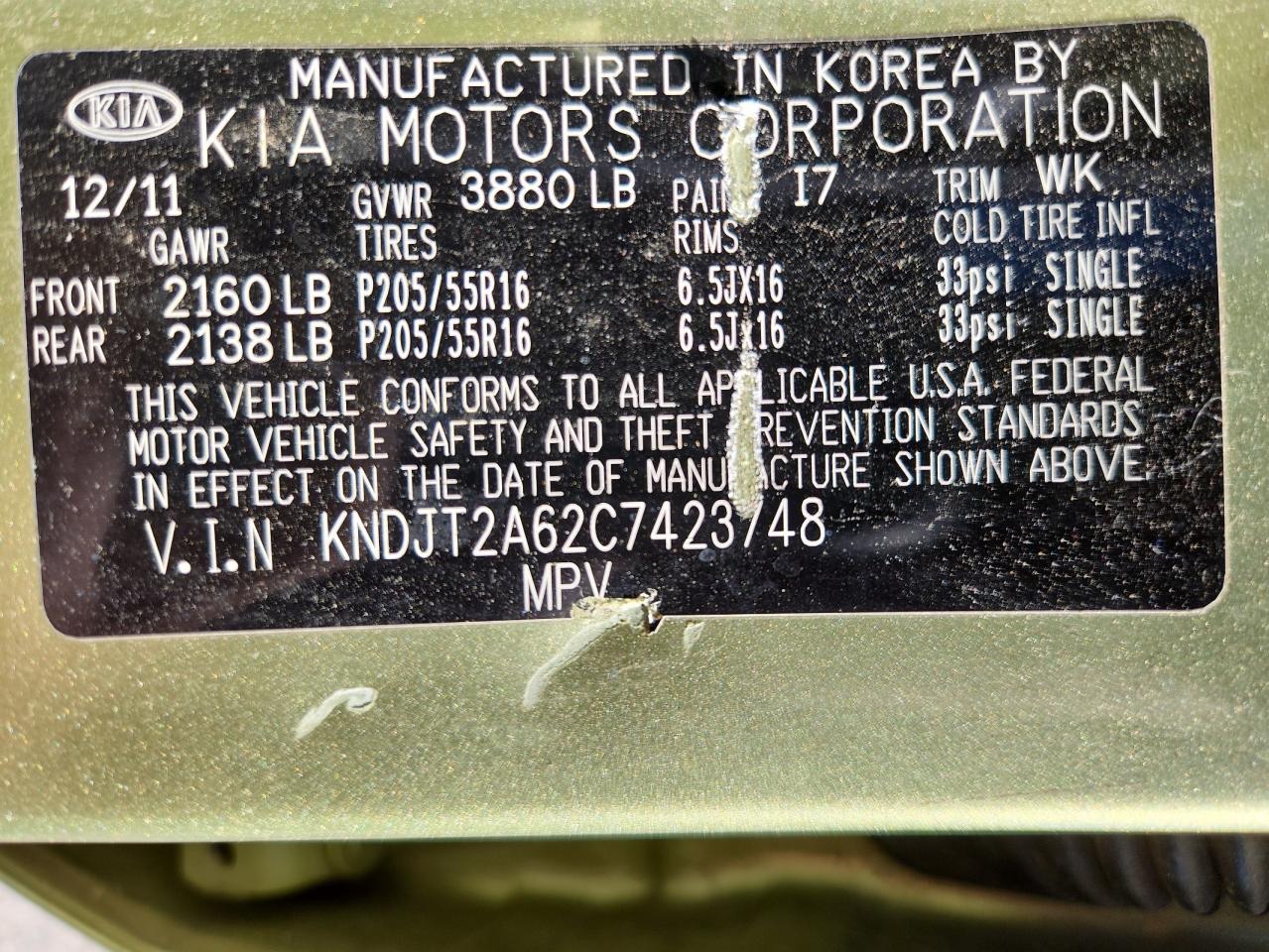 2012 Kia Soul + VIN: KNDJT2A62C7423748 Lot: 81319595