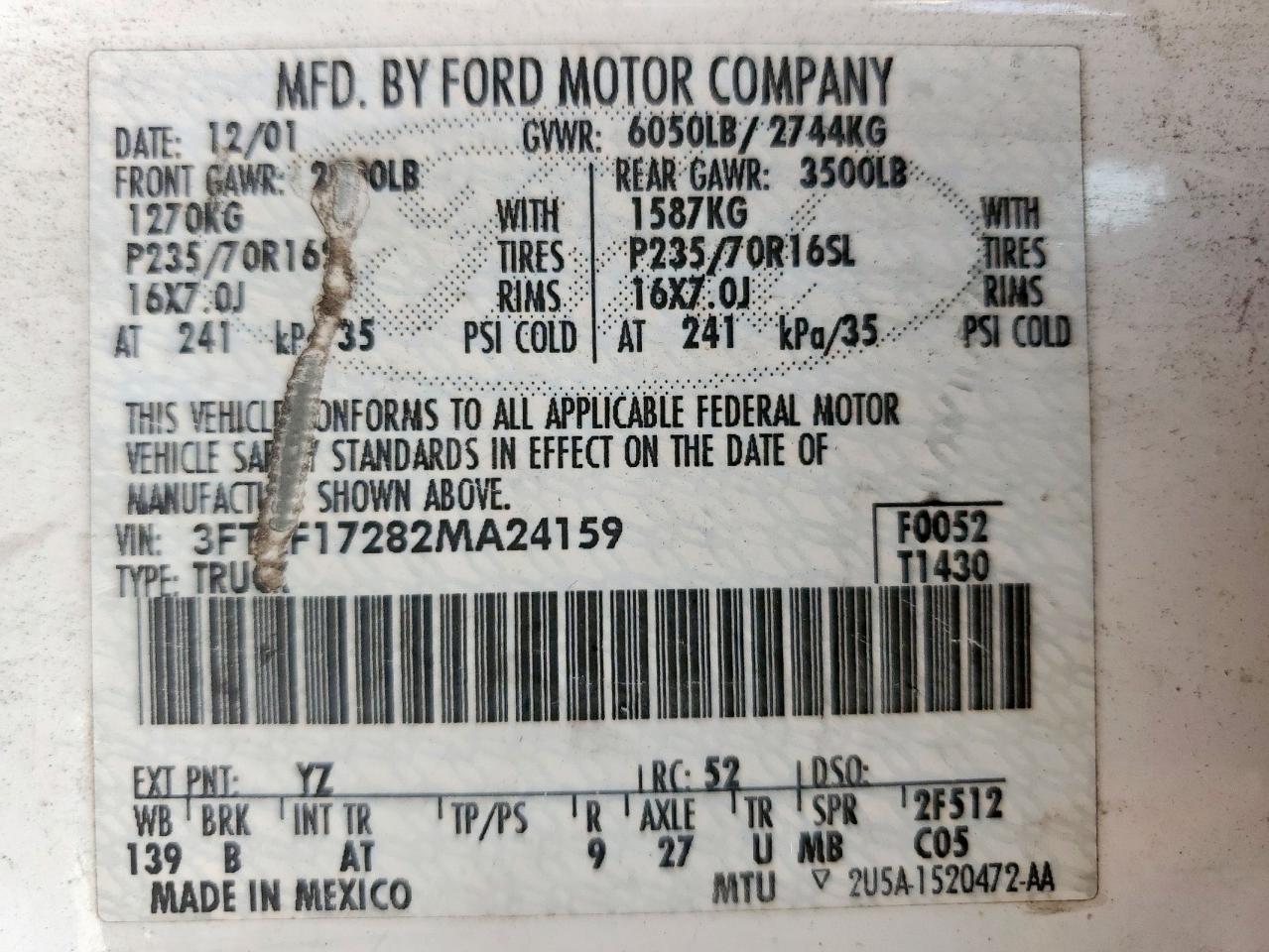 2002 Ford F150 VIN: 3FTRF17282MA24159 Lot: 80681735