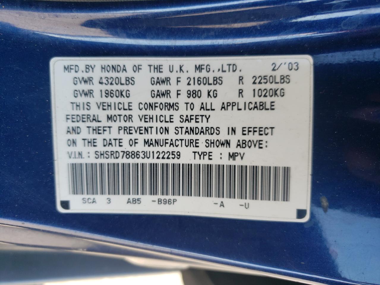 2003 Honda Cr-V Ex VIN: SHSRD78863U122259 Lot: 80605785