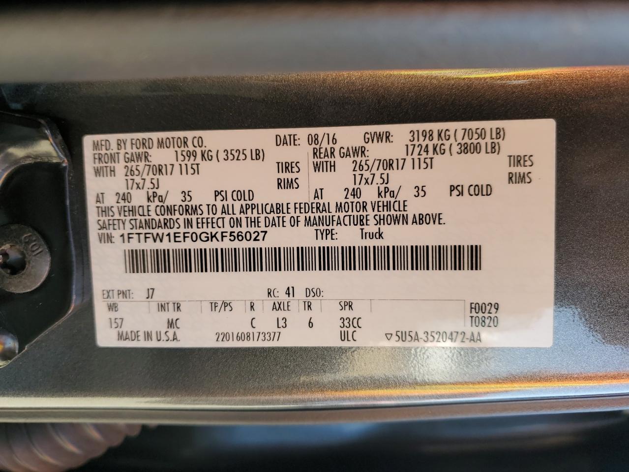 2016 Ford F150 Supercrew VIN: 1FTFW1EF0GKF56027 Lot: 80316785