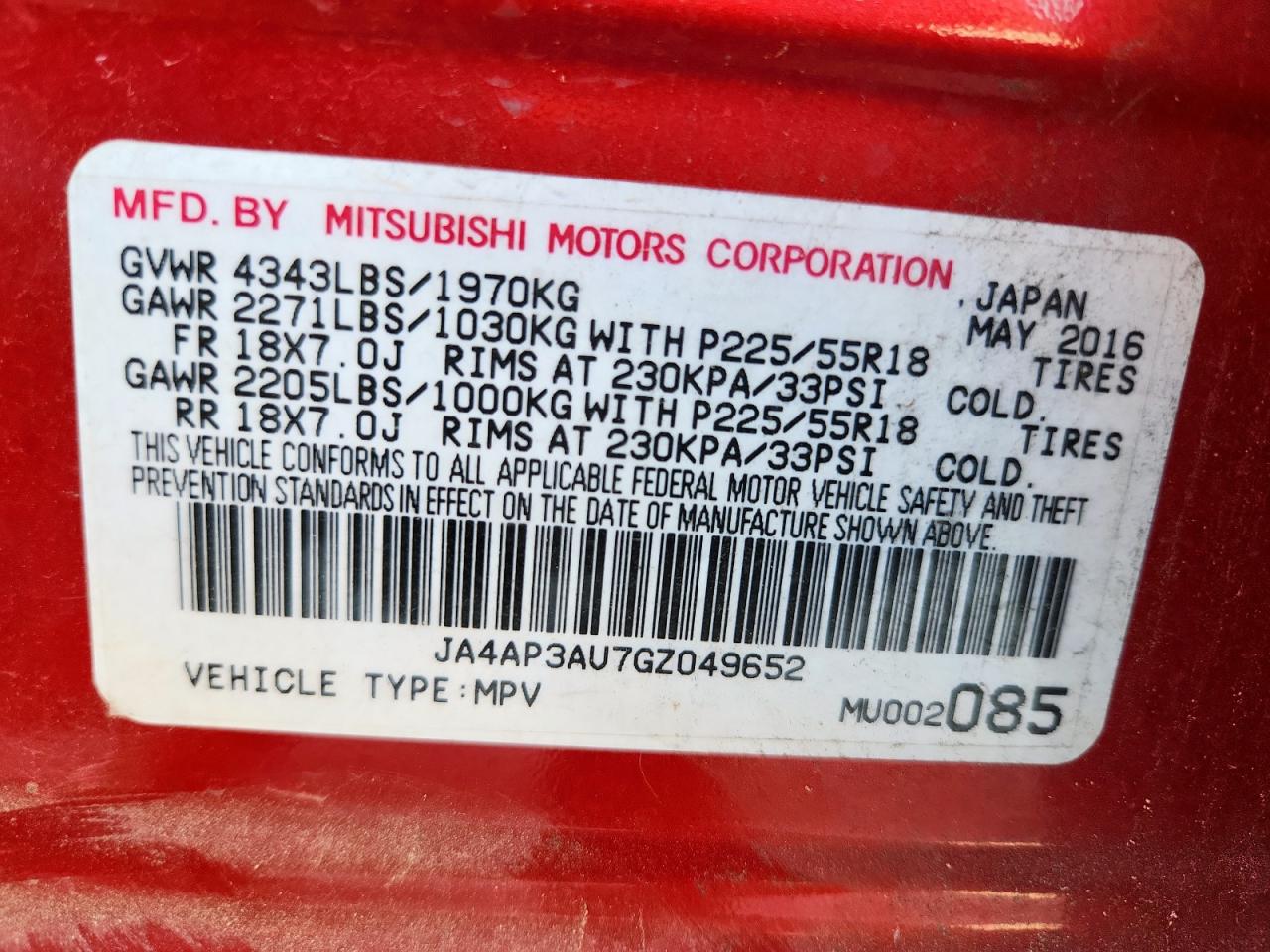 2016 Mitsubishi Outlander Sport Es VIN: JA4AP3AU7GZ049652 Lot: 81891485
