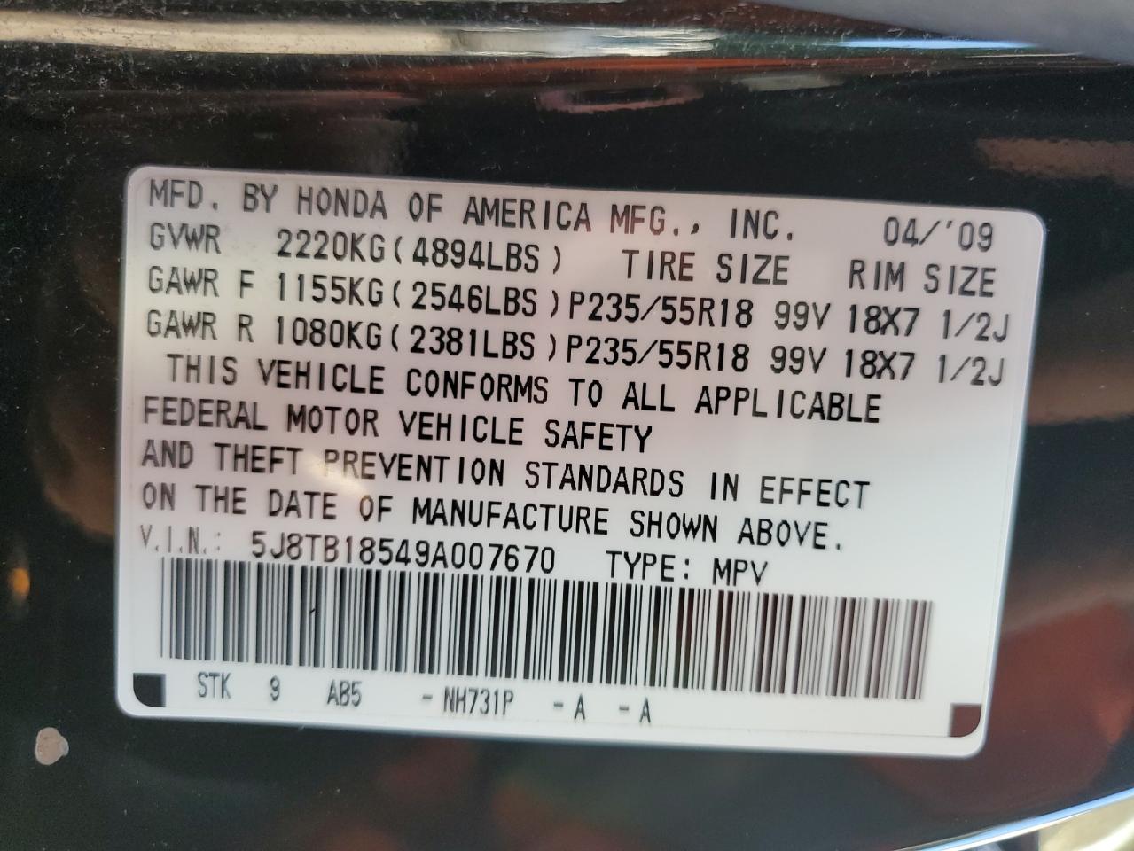 2009 Acura Rdx Technology VIN: 5J8TB18549A007670 Lot: 71428525