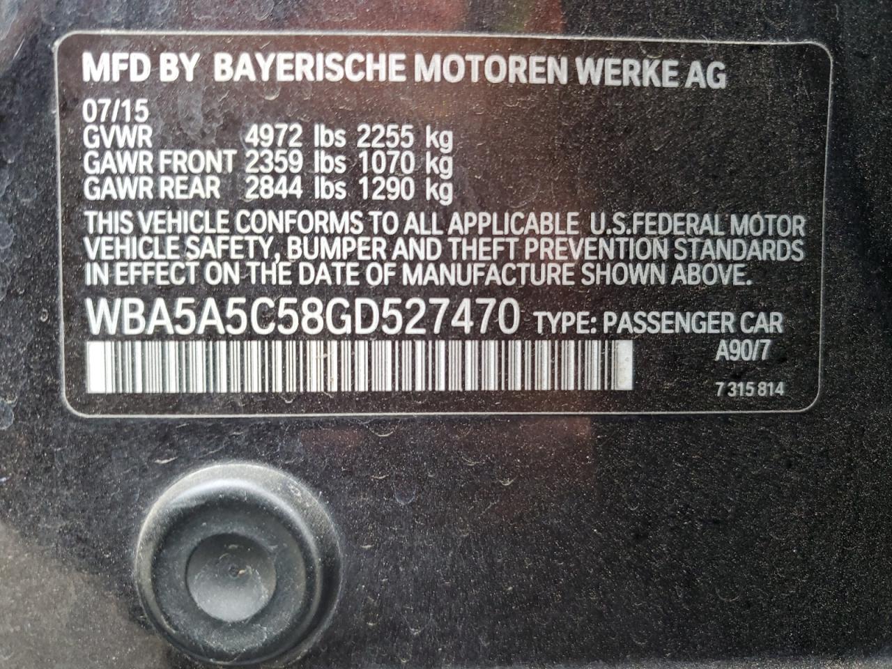 2016 BMW 528 I VIN: WBA5A5C58GD527470 Lot: 80744205