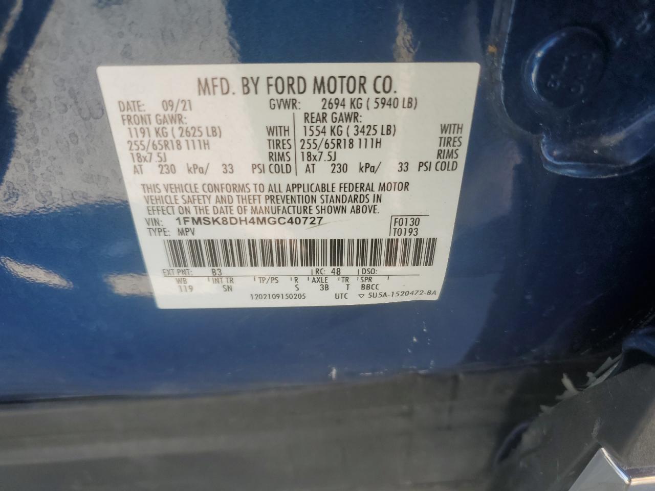 2021 Ford Explorer Xlt VIN: 1FMSK8DH4MGC40727 Lot: 81885065
