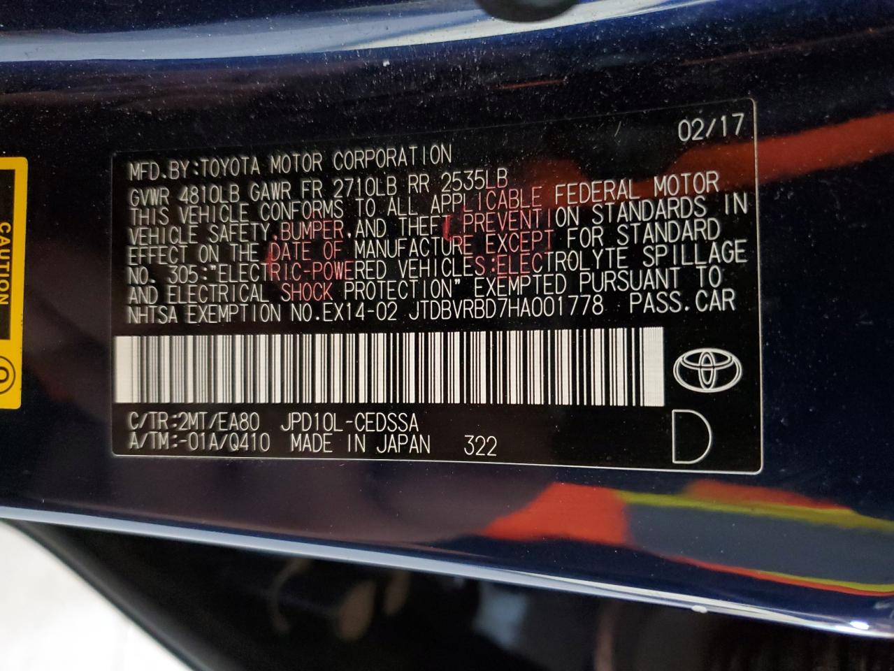 2017 Toyota Mirai VIN: JTDBVRBD7HA001778 Lot: 80133965