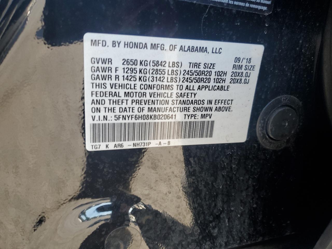 2019 Honda Pilot Elite VIN: 5FNYF6H08KB020641 Lot: 83873675