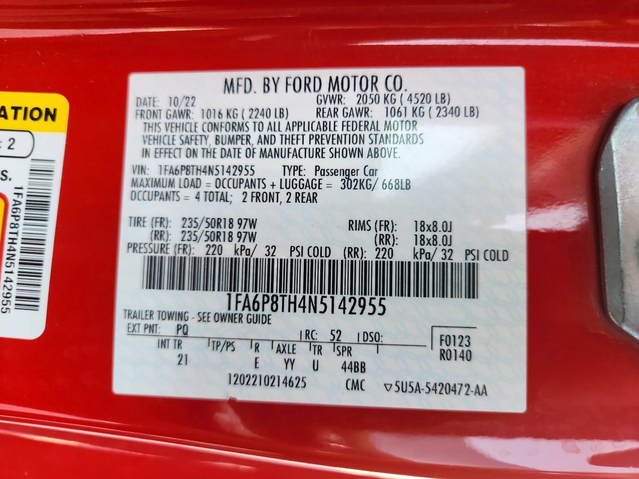 2022 Ford Mustang VIN: 1FA6P8TH4N5142955 Lot: 71636385