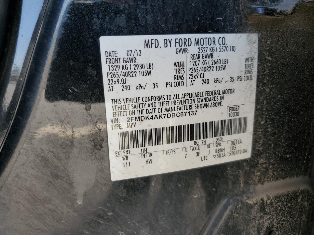 2013 Ford Edge Sport VIN: 2FMDK4AK7DBC67137 Lot: 80821005