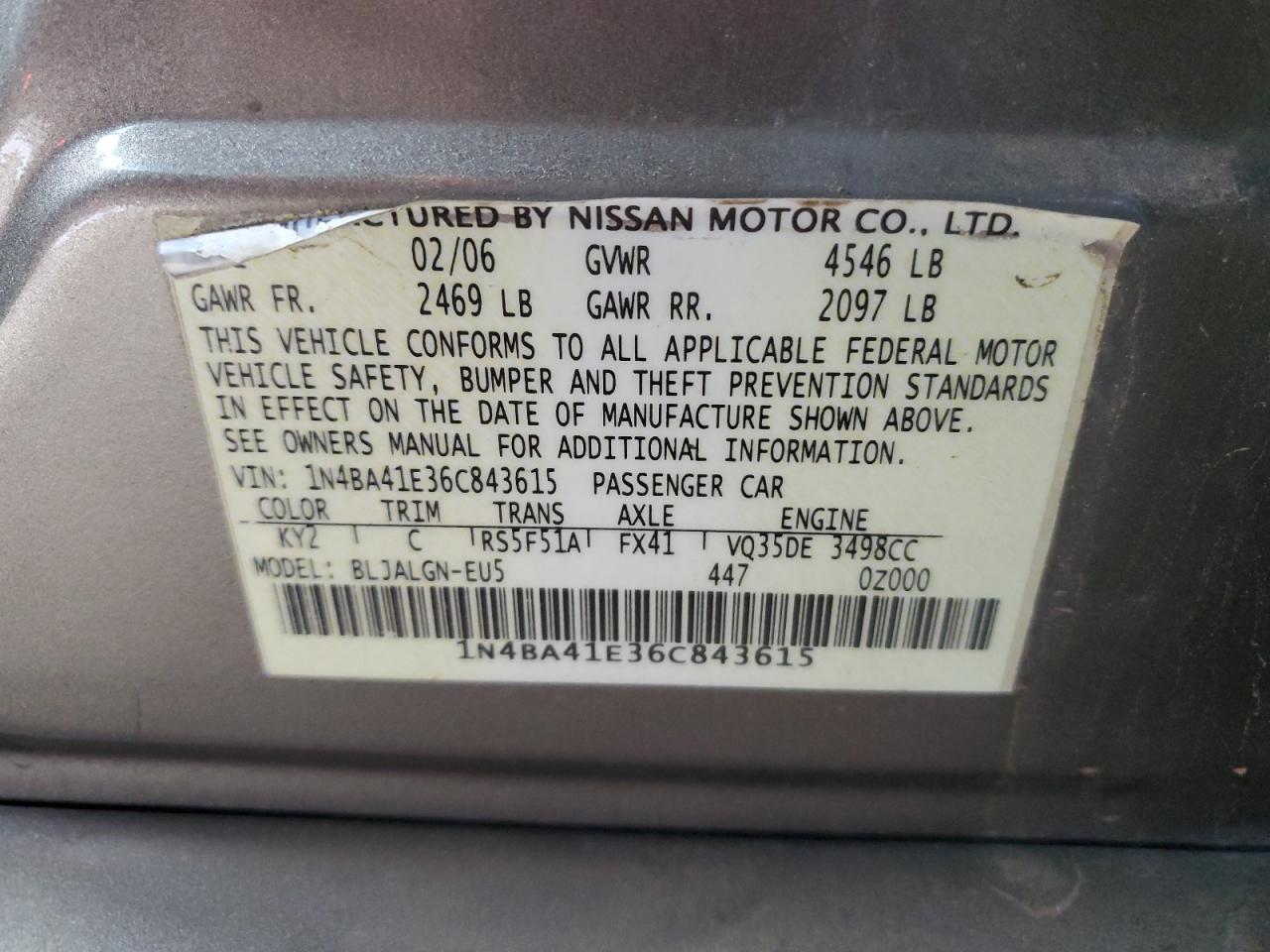 2006 Nissan Maxima Se VIN: 1N4BA41E36C843615 Lot: 84238255