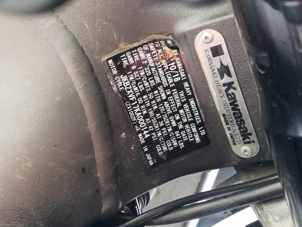 2019 Kawasaki Zx1002 VIN: JKBZXVF17KA000144 Lot: 80730945