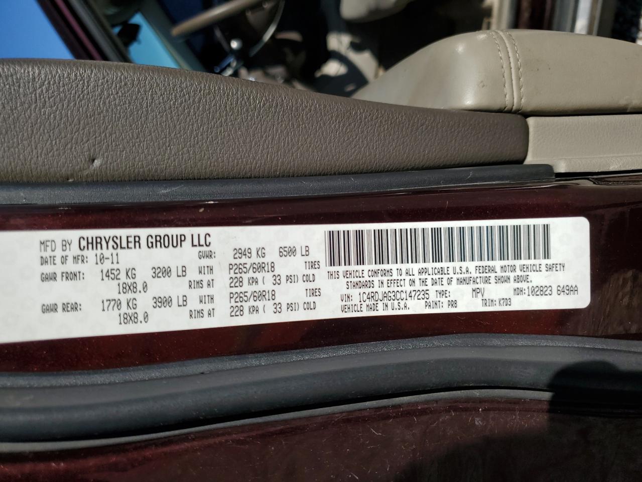 2012 Dodge Durango Sxt VIN: 1C4RDJAG3CC147235 Lot: 84365645