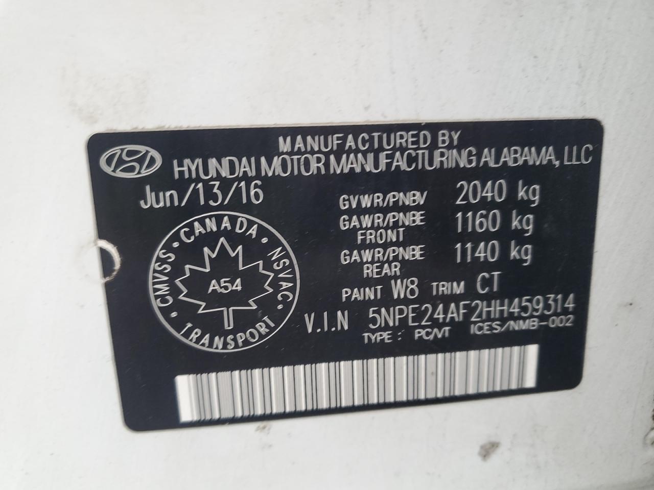 2017 Hyundai Sonata Se VIN: 5NPE24AF2HH459314 Lot: 81014905