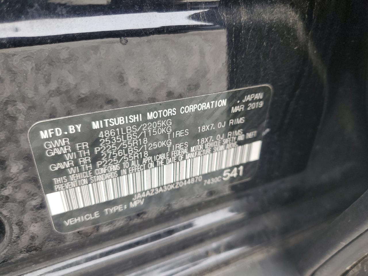 2019 Mitsubishi Outlander Se VIN: JA4AZ3A30KZ044870 Lot: 71838345