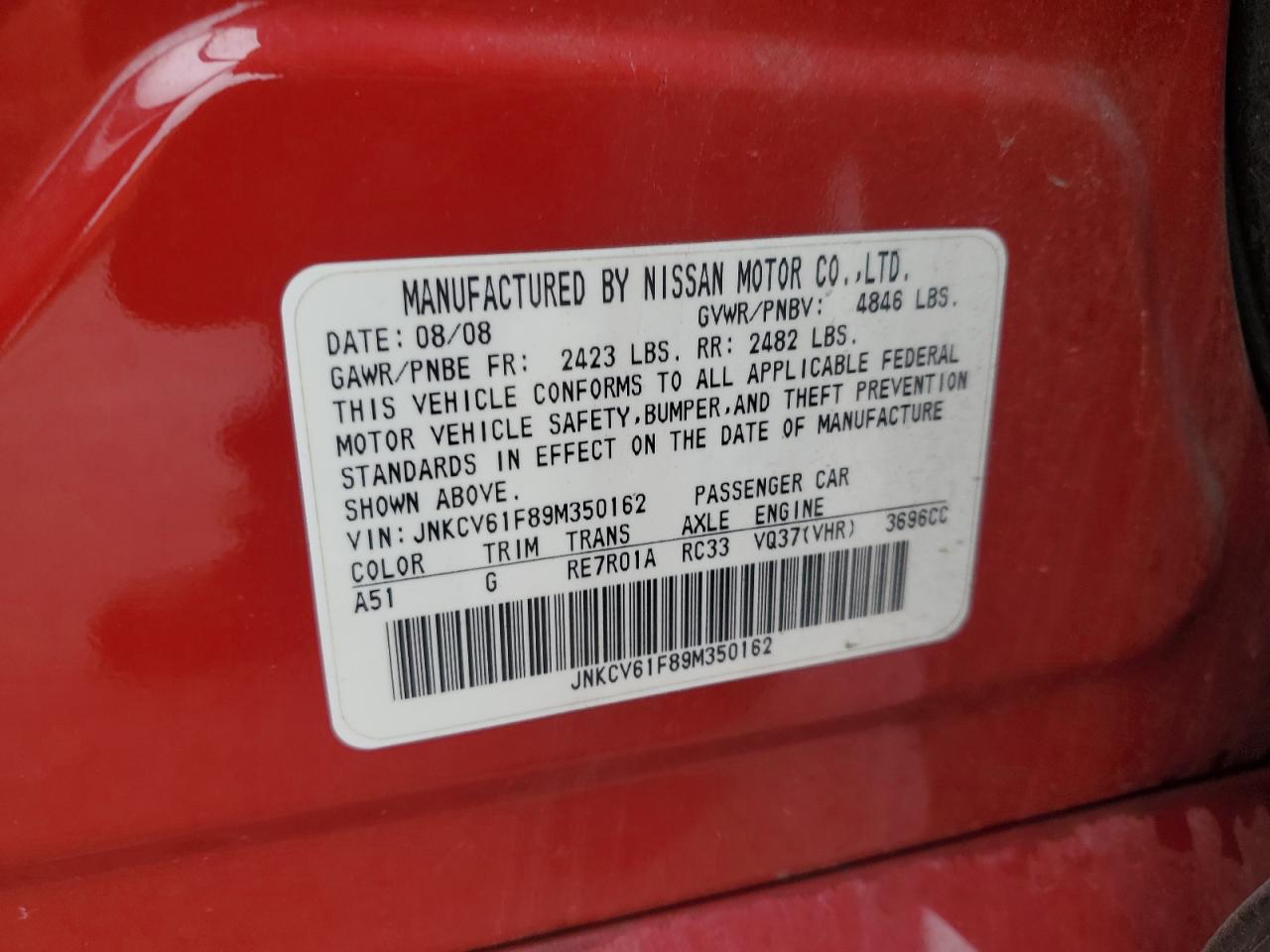 2009 Infiniti G37 VIN: JNKCV61F89M350162 Lot: 82127035