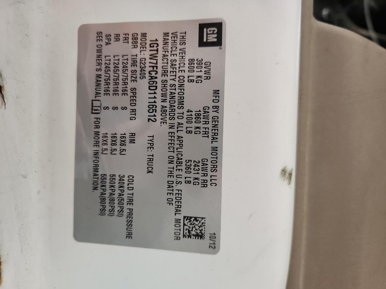 2013 GMC Savana G2500 VIN: 1GTW7FCA6D1116512 Lot: 70539715