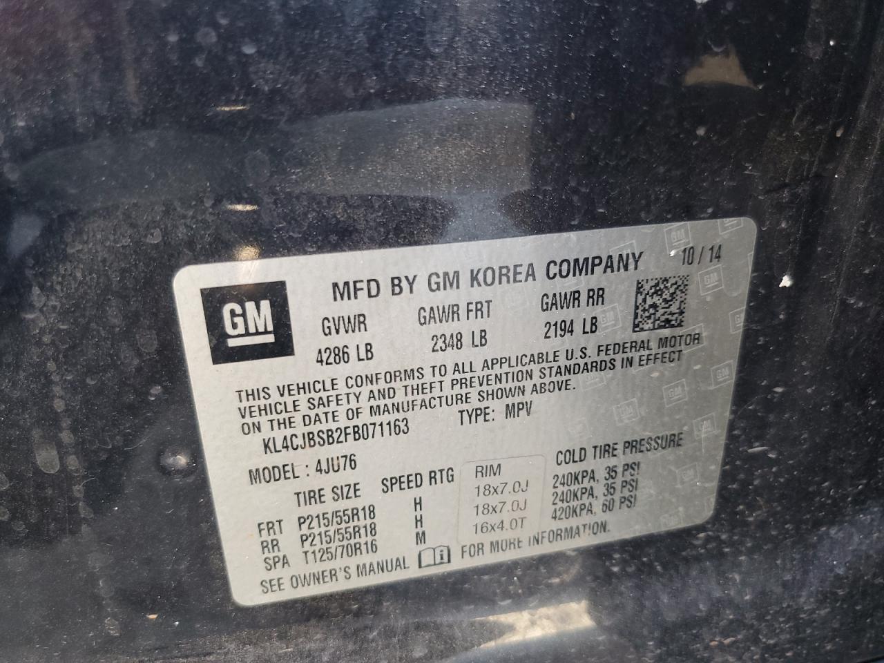 2015 Buick Encore Convenience VIN: KL4CJBSB2FB071163 Lot: 84295855