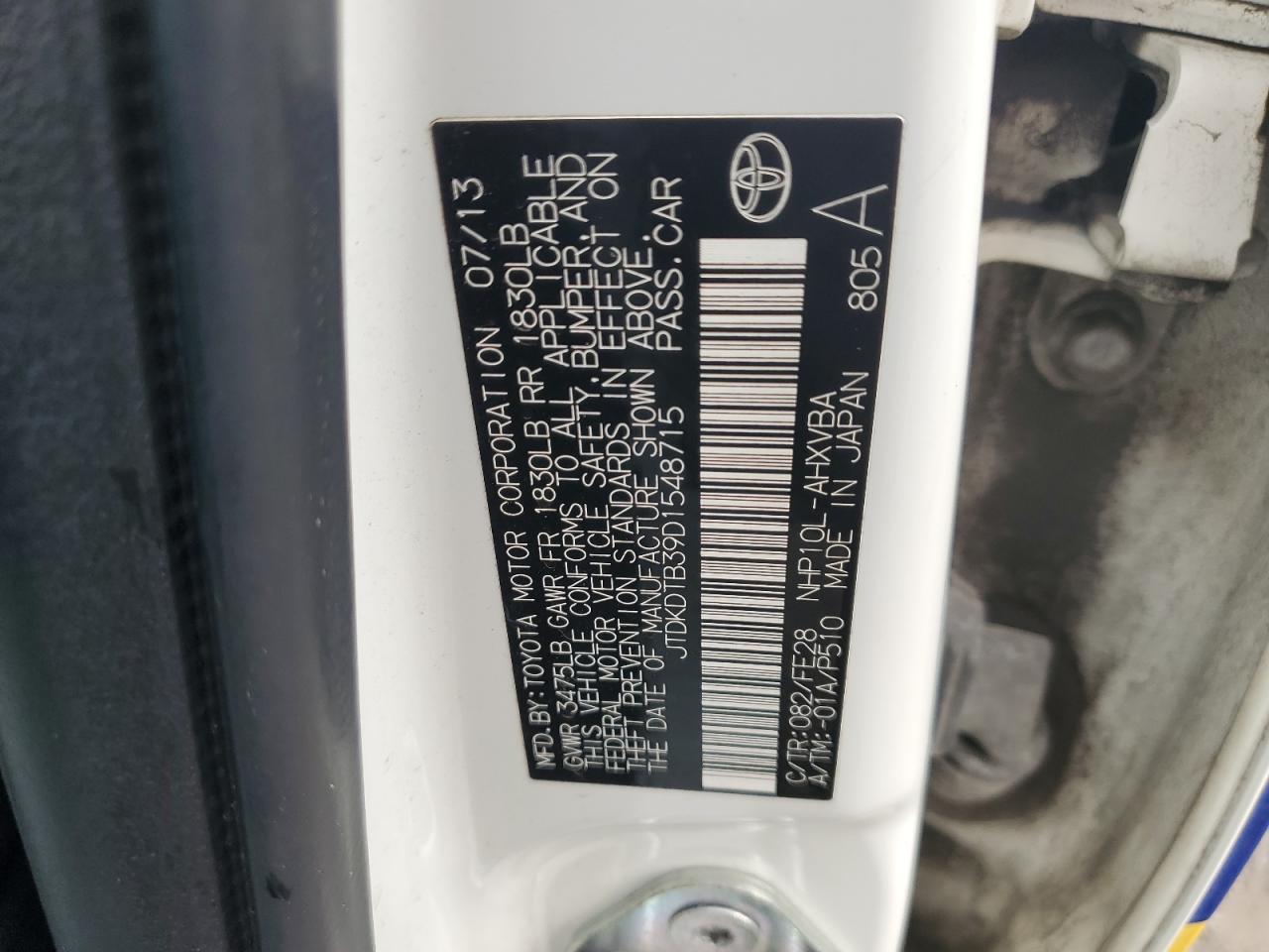 2013 Toyota Prius C VIN: JTDKDTB39D1548715 Lot: 81823485