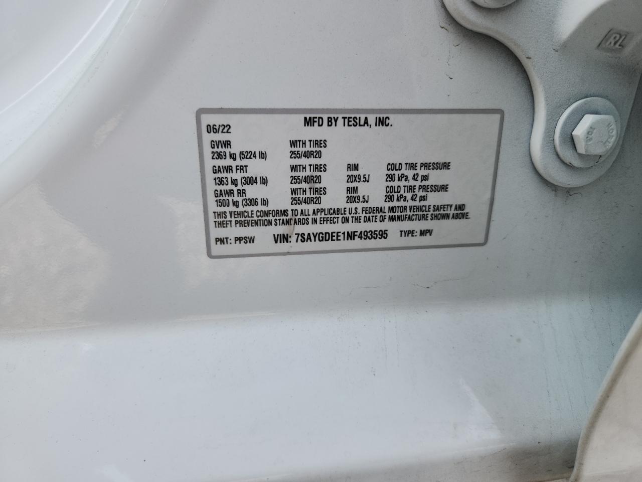 2022 Tesla Model Y VIN: 7SAYGDEE1NF493595 Lot: 71265095