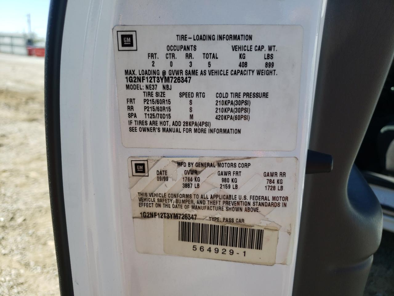 2000 Pontiac Grand Am Se1 VIN: 1G2NF12T3YM726347 Lot: 81085565