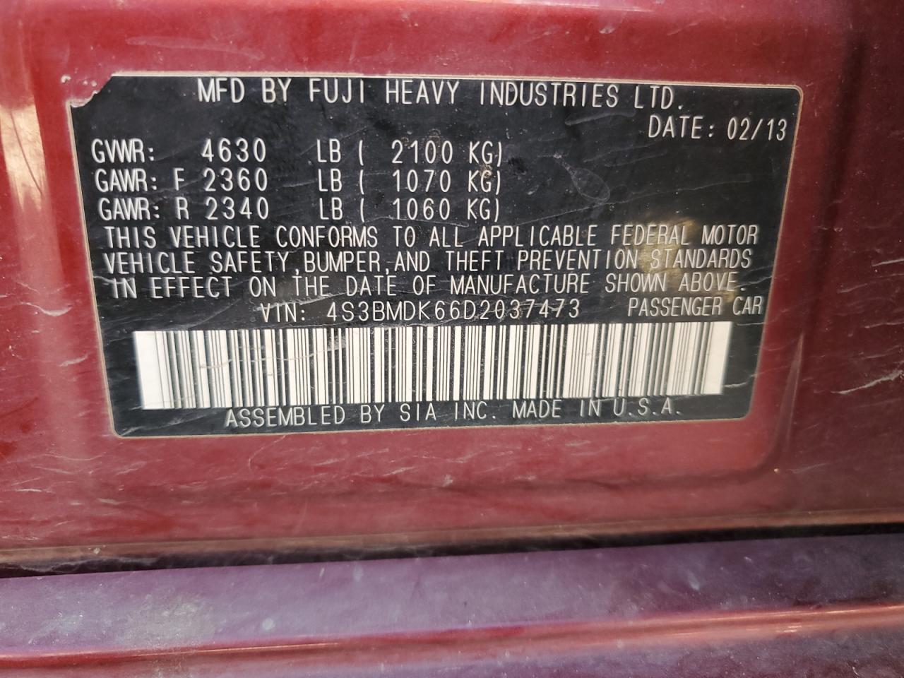 2013 Subaru Legacy 3.6R Limited VIN: 4S3BMDK66D2037473 Lot: 71368555