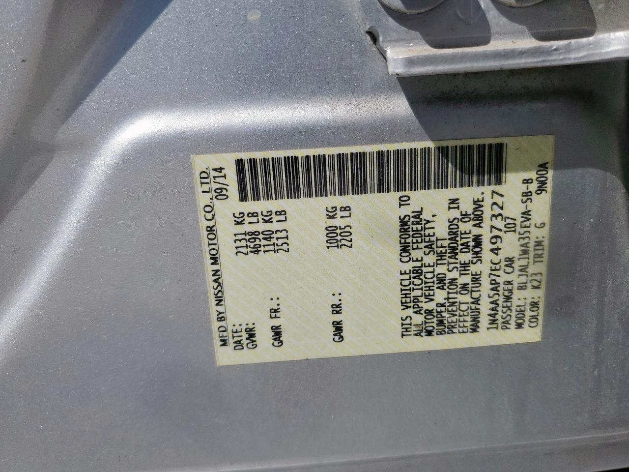 2014 Nissan Maxima S VIN: 1N4AA5AP7EC497327 Lot: 80645385