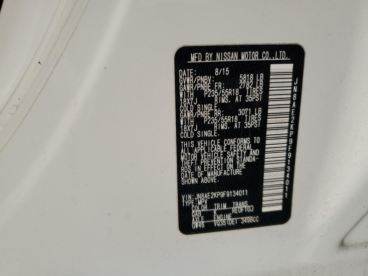 2015 Nissan Quest S VIN: JN8AE2KP9F9134011 Lot: 71619145