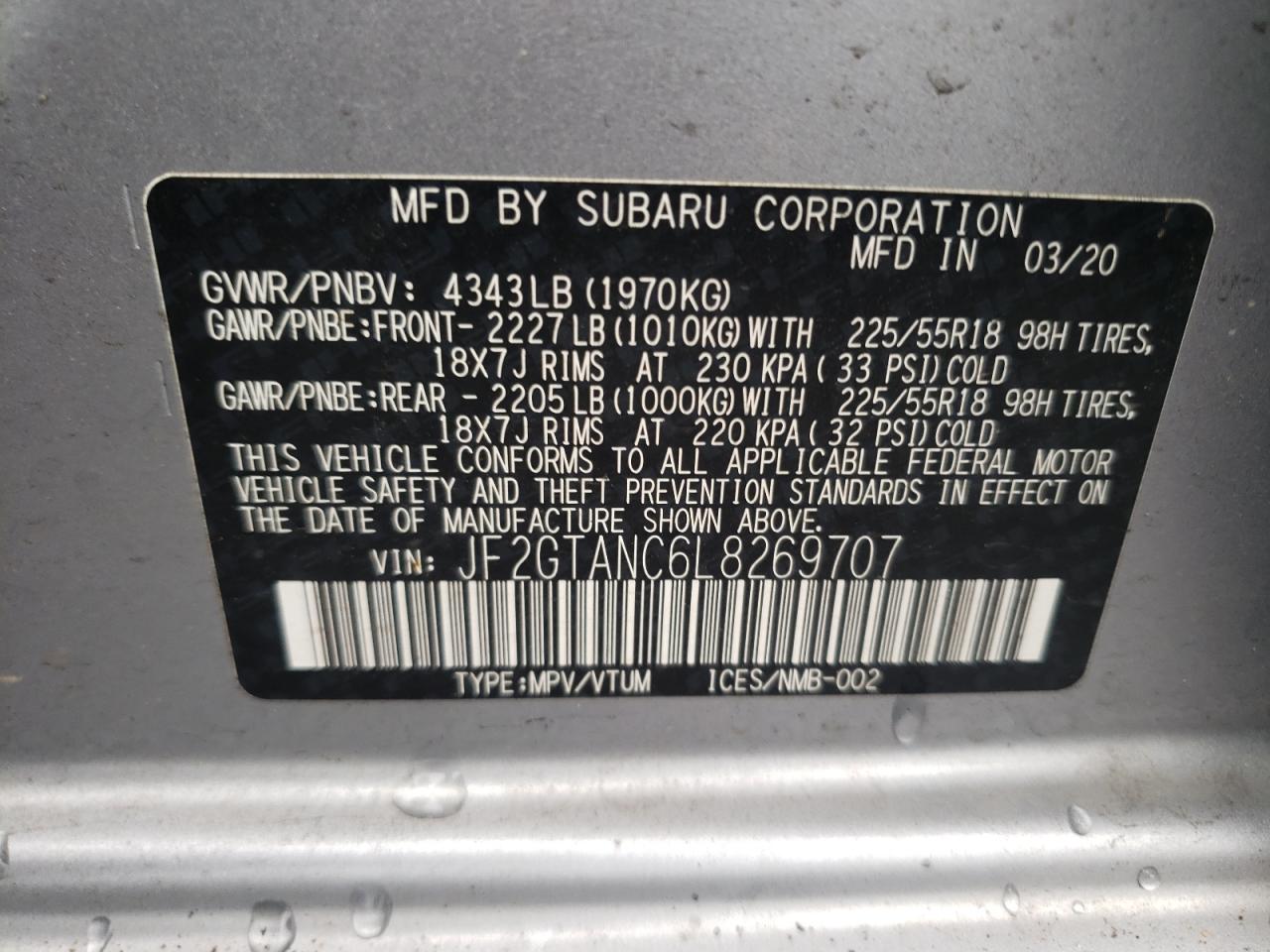 2020 Subaru Crosstrek Limited VIN: JF2GTANC6L8269707 Lot: 81563785