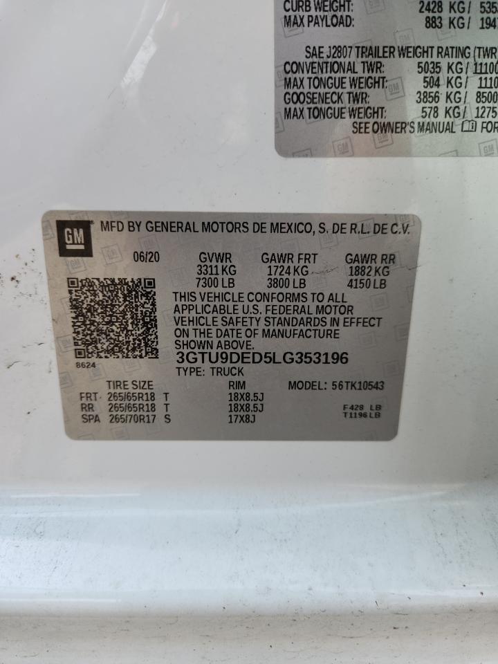 2020 GMC Sierra K1500 Slt VIN: 3GTU9DED5LG353196 Lot: 84194085